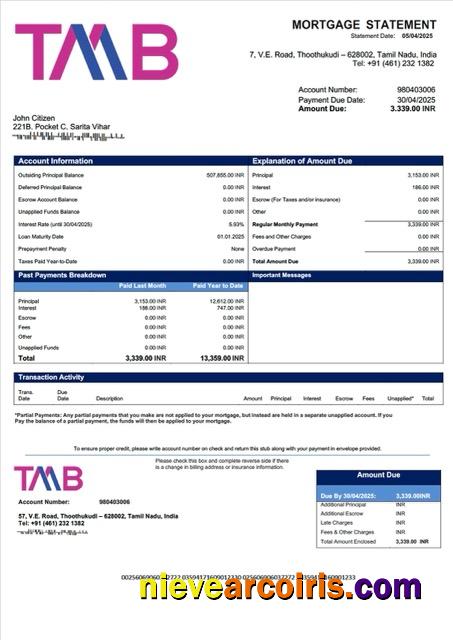 India Tamilnad Mercantile Bank mortgage statement Word and PDF template